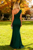 Dark Green One Shoulder Mermaid Long Formal Dress with Slit