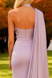Light Purple Neck Scarf One Shoulder Mermaid Long Formal Dress