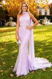 Light Purple Ruched Mermaid Long Formal Dress with Side Cape