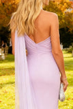Light Purple Ruched Mermaid Long Formal Dress with Side Cape
