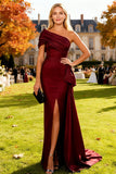 Burgundy One Shoulder Mermaid Long Formal Dress with Slit