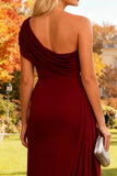 Burgundy Mermaid Ruched Long Formal Dress with Side Cape