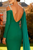 Sparkly Green Asymmetrical Mermaid Long Formal Dress with Side Streamer