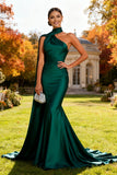 Dark Green Neck Scarf One Shoulder Mermaid Long Formal Dress
