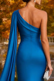 Royal Blue One Shoulder Long Mermaid Formal Dress with Side Streamer