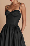 A Line Spaghetti Straps Satin Black Tie Dress