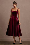 Burgundy A Line Thick Straps Velvet Holiday Party Dress