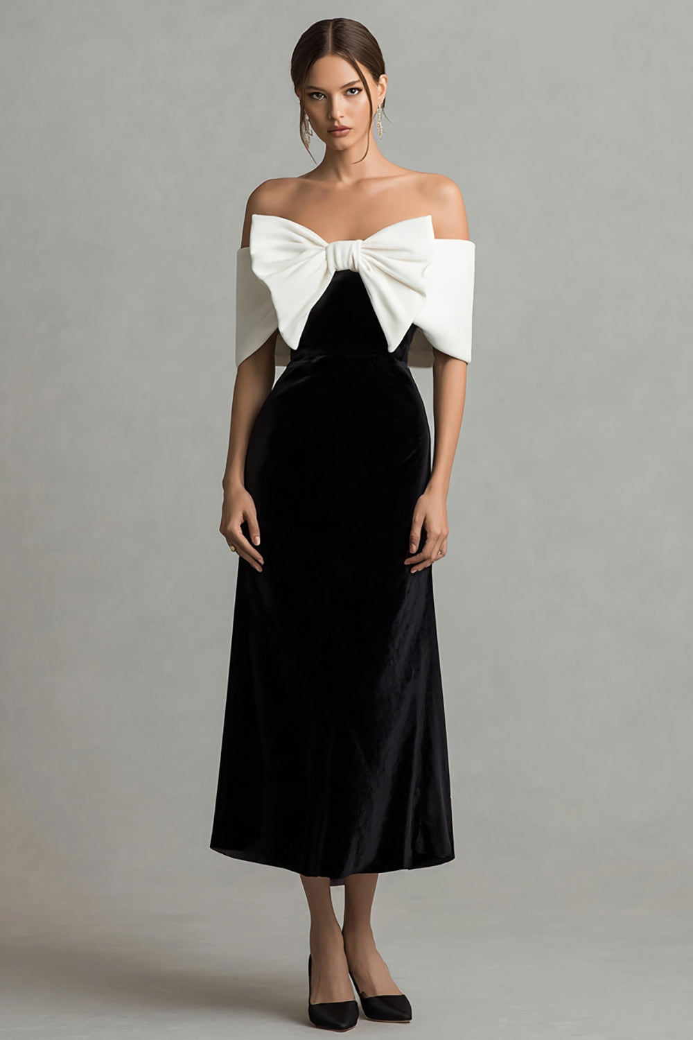 Zapaka Women Black and White A Line Holiday Party Dress with Bow Off ...