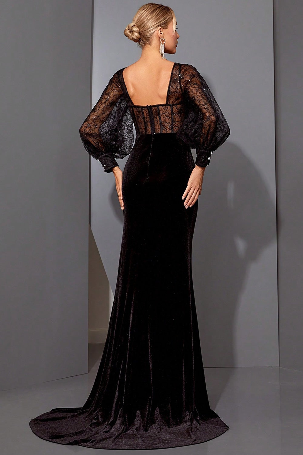ZAPAKA Women Black Lace Formal Dress with Slit Mermaid Corset Evening Dress with Sheer Sleeves ZAPAKA Women Black Lace Formal Dress with Slit Mermaid Corset Evening Dress with Sheer Sleeves