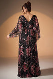 Black Pink Floral A Line Long Sleeve Mother of the Bride Dress