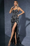 Sparkly Black Silver Spaghetti Strpas Long Evening Dress with Slit