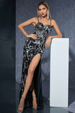 Sparkly Black Silver Spaghetti Strpas Long Evening Dress with Slit