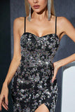 Sparkly Black Silver Spaghetti Strpas Long Evening Dress with Slit