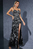 Sparkly Black Silver Spaghetti Strpas Long Evening Dress with Slit