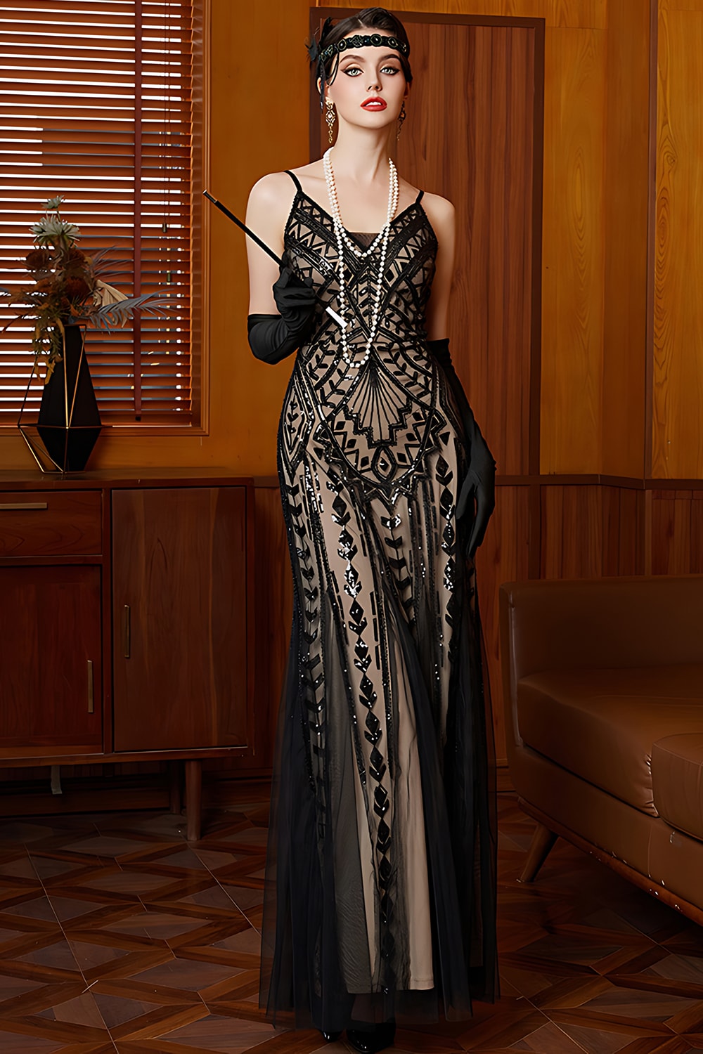 ZAPAKA Women Sparkly Black Apricot Long 1920s Dress Sheath Spaghetti Straps Tulle Gatsby Dress with Sequins, Black Apricot / S