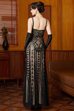 Sparkly Black Apricot Sheath Spaghetti Straps Long 1920s Dress with Sequins