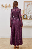 Dark Purple Beaded A Line Mother of the Bride Dress with Long Sleeves