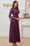 Dark Purple Beaded A Line Mother of the Bride Dress with Long Sleeves