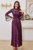 Dark Purple Beaded A Line Mother of the Bride Dress with Long Sleeves