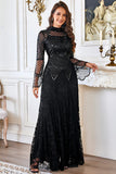 Lace Beaded Black Long Sleeve Mother of the Bride Dress