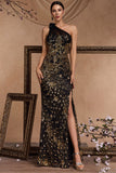 Black Golden Sequins Mermaid One Shoulder Beaded Long 1920s Dress with Slit
