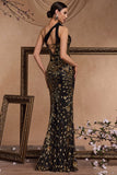 Black Golden Sequins Mermaid One Shoulder Beaded Long 1920s Dress with Slit