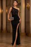 One Shoulder Sequin Black Long Evening Dress with Slit