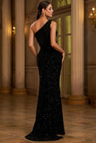 One Shoulder Sequin Black Long Evening Dress with Slit