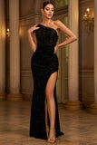 One Shoulder Sequin Black Long Evening Dress with Slit