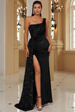 Black One Shoulder Sheath Sequin Evening Dress with Slit