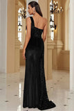 Black One Shoulder Sheath Sequin Evening Dress with Slit
