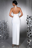 White Halter Mermaid Long Formal Dress with 3D Flowers