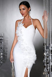 White Halter Mermaid Long Formal Dress with 3D Flowers