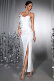 White Halter Mermaid Long Formal Dress with 3D Flowers