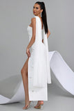 Sparkly White Strapless Sheath Convertible Long Prom Dress with Neck Scarf