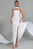 Sparkly White Strapless Sheath Convertible Long Prom Dress with Neck Scarf