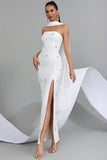 Sparkly White Strapless Sheath Convertible Long Prom Dress with Neck Scarf