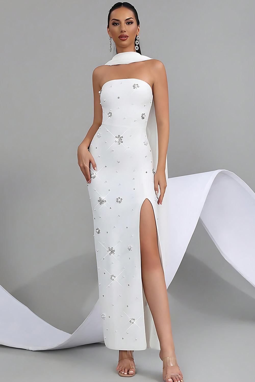 Zapaka Women Sparkly Prom Dress with Neck Scarf White Strapless Sheath Evening Dress with Slit ZAPAKA Zapaka Women Sparkly Prom Dress with Neck Scarf White Strapless Sheath Evening Dress with Slit ZAPAKA