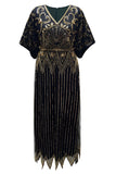 Sparkly Black Golden Beaded Sequins V-Neck Long 1920s Dress