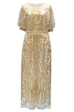 Sparkly Apricot Beaded Sheath Boat Neck 1920s Dress with Sequins