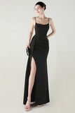 Black Spaghetti Straps Mermaid Long Prom Dress with Slit