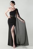 One Shoulder Black Mermaid Streamer Long Formal Dress with slit