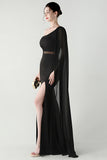 One Shoulder Black Mermaid Streamer Long Formal Dress with slit