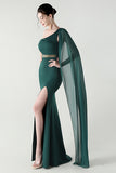 One Shoulder Black Mermaid Streamer Long Formal Dress with slit
