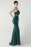 One Shoulder Black Mermaid Streamer Long Formal Dress with slit