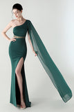 One Shoulder Black Mermaid Streamer Long Formal Dress with slit