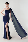 One Shoulder Black Mermaid Streamer Long Formal Dress with slit