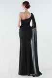 One Shoulder Mermaid Black Formal Dress with Streamer