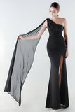 One Shoulder Mermaid Black Formal Dress with Streamer