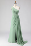 Sage Green A-Line One Shoulder Long Bridesmaid Dress with Slit